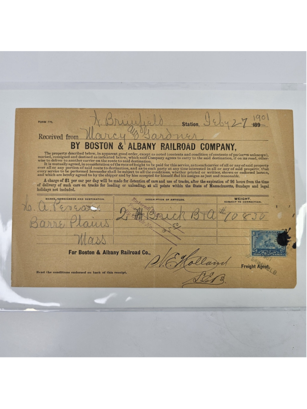 Antique 1901 Boston & Albany Railroad Freight Receipt Bill of Lading 1c Stamp MA